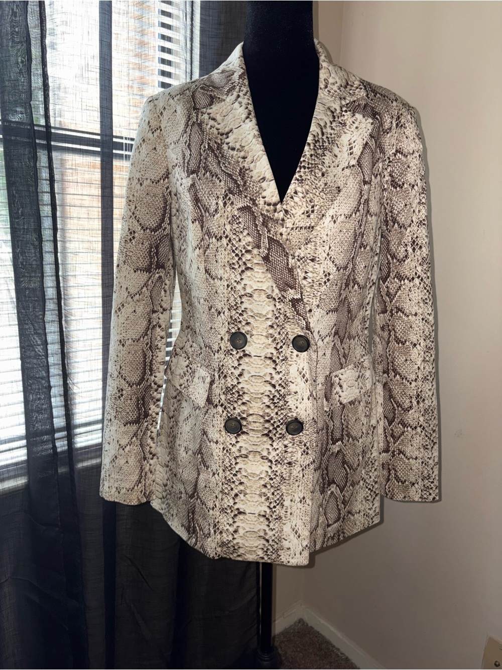 Bar III Neutral Snake-Print Double-Breasted Blazer